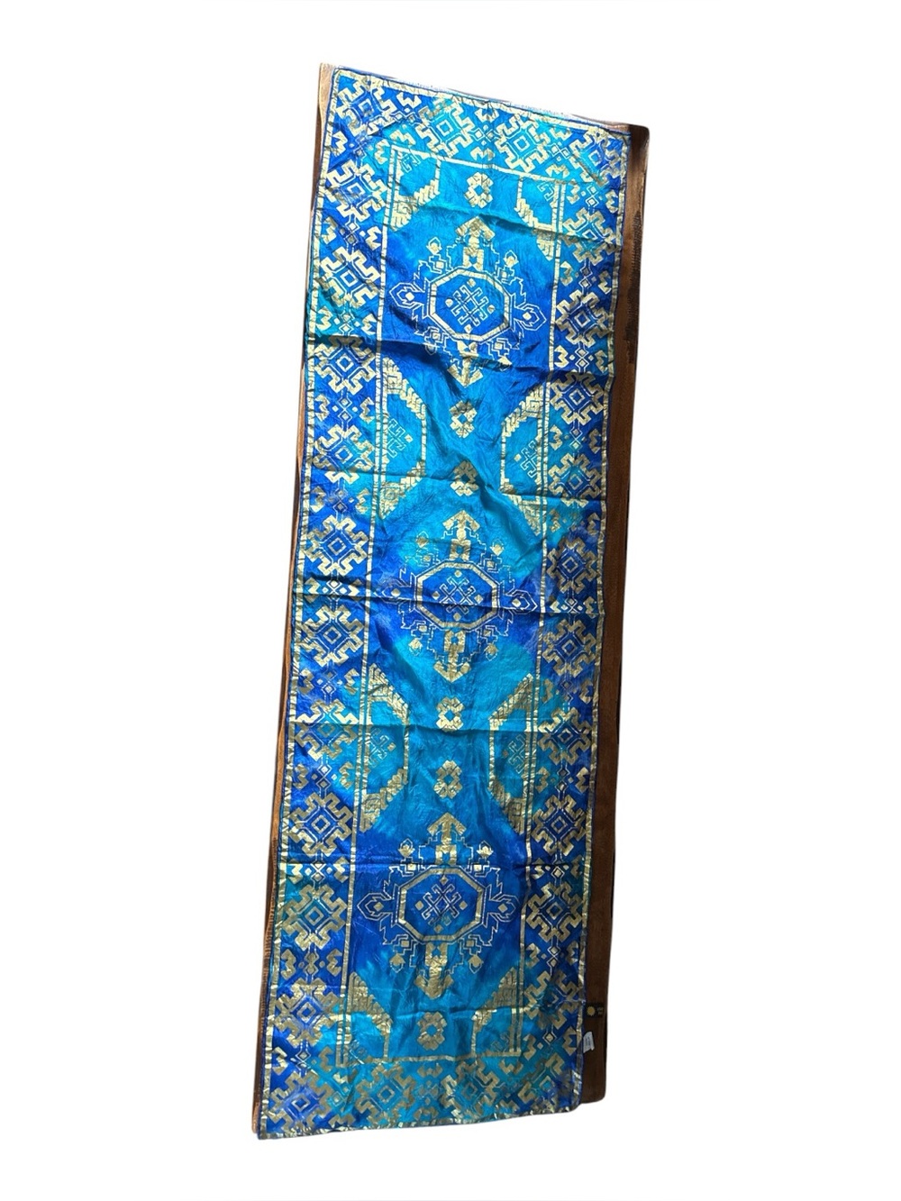 Smithsonian Institute Silk Scarf‎ Kilim Designs Blue Gold Geometric Oblong Wrap